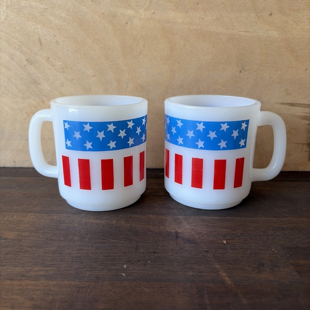 2 - Vintage Patriotic Milk Glass Heat Resistant Hazel Atlas Coffee Cup Mug